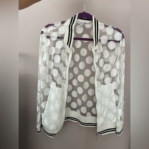 Katherine Barclay Sheer White Polka Dot Bomber Jacket